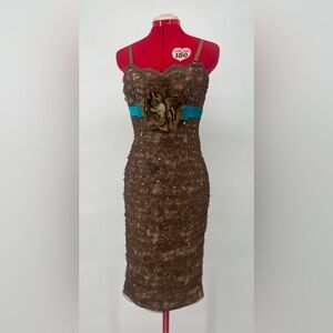 Y2K Mandalay Luxury Lace Ruched Dress With Flower Appliqué & Satin Contrast Bow